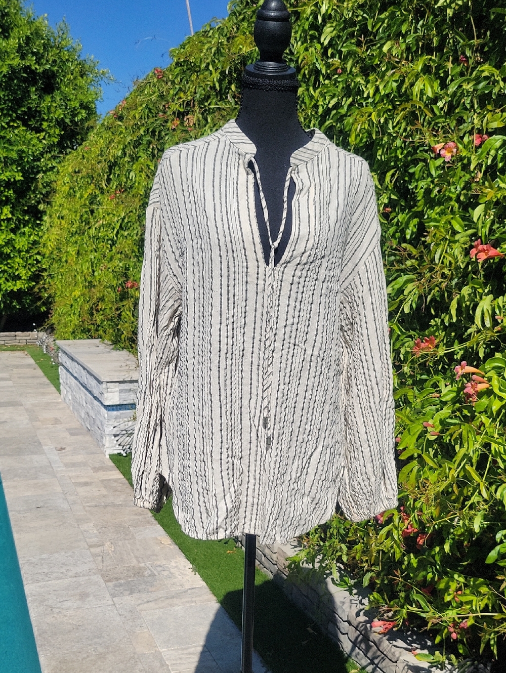Free People Black and White Striped Krinkle High Low Tunic With Blousy Sleeve XS